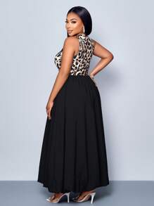 Maweii Women Plus Size Spring Summer Casual Elegant Solid Color Leopard Print Splicing Simple Daily Ruched Waistline Ruffle Hem Lantern Flower Bud HemSleeveless Tank Long Dress - Black - View 2