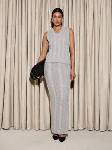 AiiRZ Luxury Cable Knit Sweater Vest And Maxi Skirt Set Elegant Winter Holiday Party Two-Piece Outfit Cozy Sophisticated Evening Wear - Grey - View 3