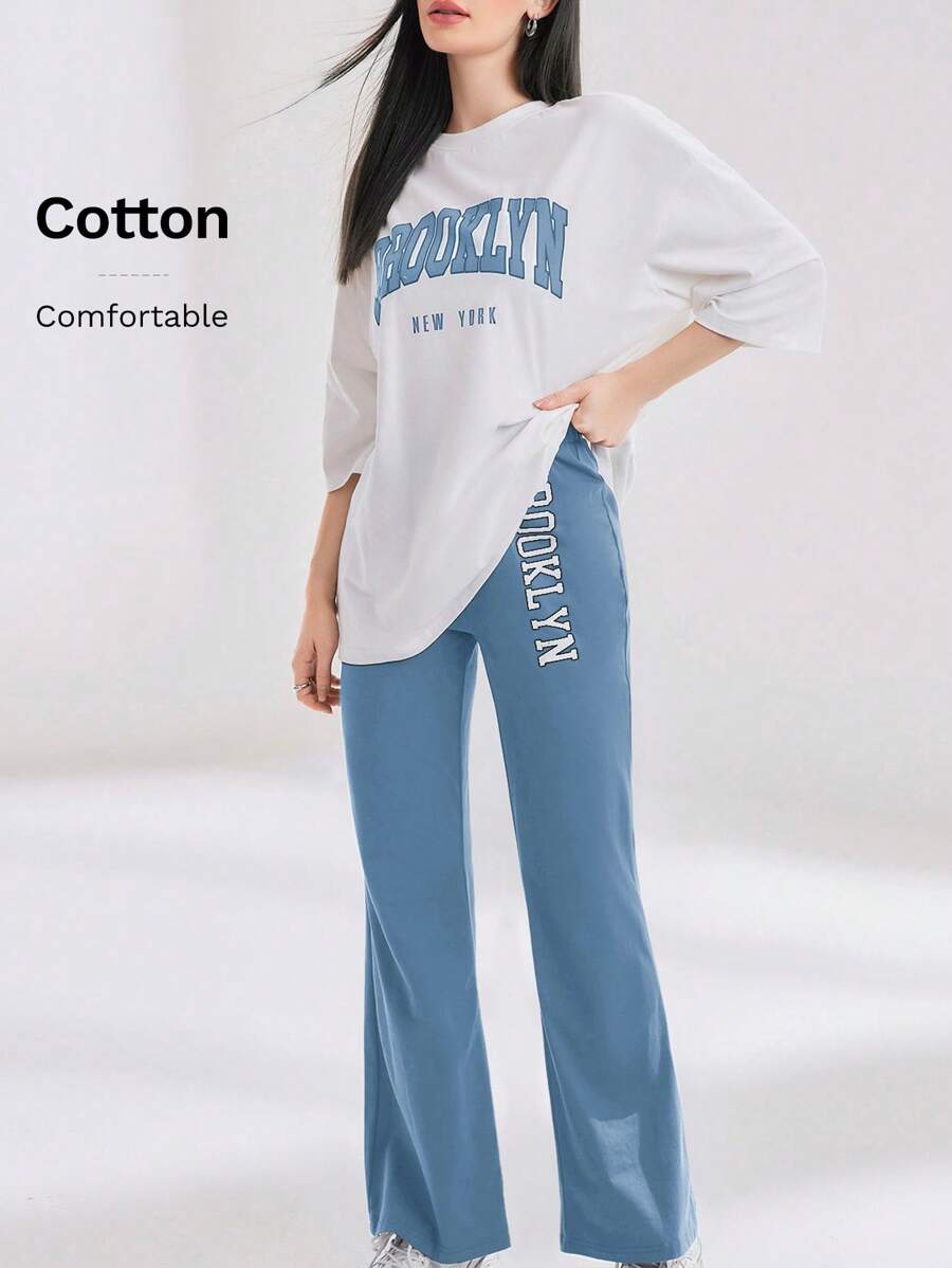 Mulvari Women's Letter Printed Round Neck T-Shirt And Pants Set 2 Pieces Set - Blue - View 1