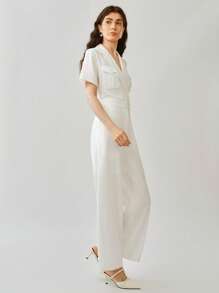 Uhlyne 时尚编织连体裤优雅通勤翻领修身女士长裤连体裤 - 白色 - 查看 4