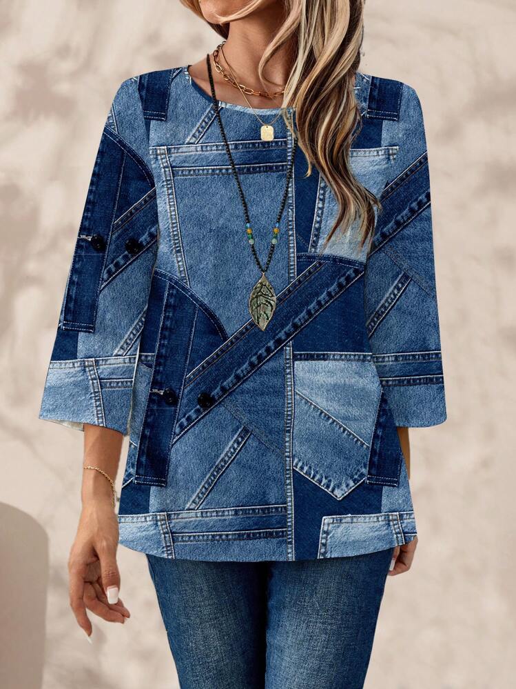 EMERY ROSE Camisa de cuello redondo con mangas 3/4 con estampado todo sobre en estilo minimalista casual, apta para primavera/verano - Multicolor - Añade 7