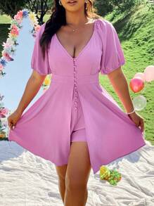 SHEIN Clasi Damen Große Größen Lavendel Kurzarm V-Ausschnitt mit Imitation Rockspalte Knopfleiste Eleganter Frühlings- und Sommer-Jumpsuit - Mauve - Übersicht 6