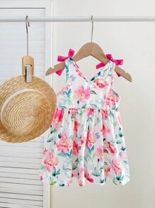 SHEIN 2pcs/Set Baby Girl Cute Floral Print Knitted Dress, Summer Clothes - Hot Pink - View 11