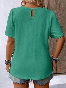 EMERY ROSE Plus Size Solid Color Round Neck Short Sleeve Casual Shirt - Green - View 2