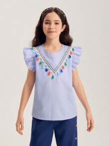 SHEIN Tween Girl 盖袖蓝白条纹流苏衬衫，适合搭配裤子、裙子 - 藍色 - 查看 5