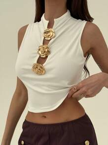 Aloruh Nueva blusa de tirantes de noche y vacaciones con decoración metálica negra - Blanco - Ver 6