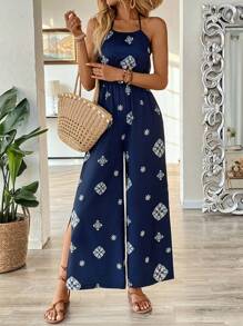 Breezaya جمبسوت من قطعة واحدة للنساء، طراز ربيع/صيف لمنتجع جزيرة، مطبوع بتصميم الهالتر مع شق واسع في الساقين