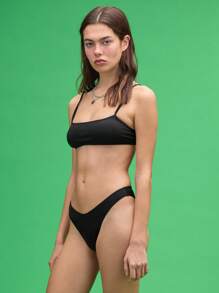 COUREZ Conjunto de bikini negro de cuello de barco, estilo vintage Y2K de verano - Negro - Ver 2