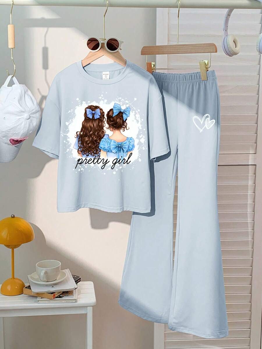 SHEIN Leap Crew 2pcs Tween Girls Casual Minimalist Long Sleeve Top & Leggings Set, Suitable For Autumn/Winter - Blue - View 1