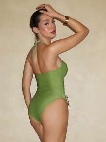 Swim Chiccia Spring Break Women's Beach Wear Summer Outfit, New European Style Solid Color Floral 3D Hollow Neck Beach Vacation One Piece Swimsuit, Festival Boho - Green - View 2