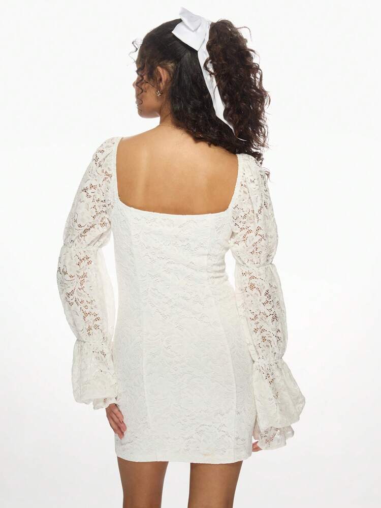 MISSGUIDED Vestido corto de novia con mangas abullonadas de encaje, escote de corazón, para boda, fiesta, ocasión especial, elegante y moderno, inspirado en el estilo victoriano