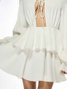 MISSGUIDED Boho Chic Long Sleeve Ruffle Mini Dress With Tie Front Detail Empire Waist Summer Spring Beach Wedding Guest Resort Wear Flowy Dress - White - View 6