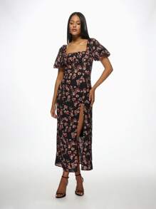 MISSGUIDED Floral Milkmaid Midi Dress With Ruched Bust Puff Sleeves Side Split Square Neck Summer Wedding Guest Tea Party Dress - Black - View 1