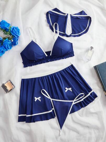 大码性感内衣套装（4 件套：裙子、围巾、裤子、衣领）