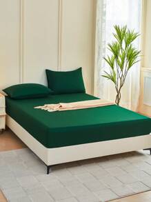 1 pieza Sábana ajustada de color verde oscuro, protector de colchón, funda de colchón para cama, sábana, suave y transpirable, para cama de todos los tamaños - Twin, Full, King, Queen con bolsillo profundo de hasta 30 cm. Textil para el hogar