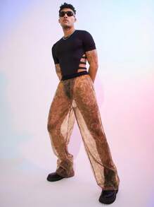 FeverCity Pantalones anchos de hombre con estampado floral de malla, estilo elegante