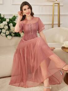 Modelyn Vestido acampanado elegante de mujer con parches de malla a lunares, volantes y botones de perla, para primavera/verano - Rosa - Ver 3