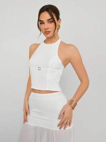 Aloruh Women Elegant Solid Open Back Halter Neck Top & Mesh Patchwork Skirt 2 Pieces Set - White - View 5