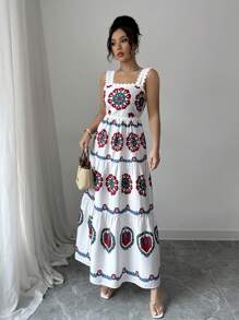 Breezaya 女装春夏休闲沙滩度假撞色复古印花蕾丝装饰无袖大码多层拼接连衣裙