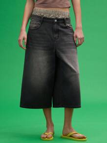 COUREZ Low Rise Longline Oversized Black Denim Shorts /Y2K Cotton Summer Baggy Jorts Spring - Blue - View 2