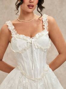 SHEIN BAE 纯白色优雅甜美浪漫 3D 蝴蝶蕾丝细肩带女式吊带背心、薄纱公主裙，适合鸡尾酒会、浪漫约会、分层穿着、派对、正式场合、晚会、婚礼、伴娘、万圣节、圣诞节 - 白色 - 查看 6