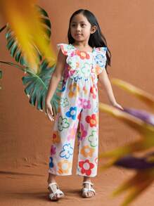 SHEIN Colorful Floral Ruffle Cute Hand-Painted Girls Jumpsuit - Multicolor - View 1