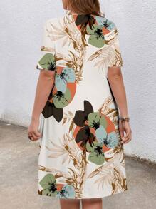 EMERY ROSE 大码假日风格花卉印花圆领短袖口袋休闲连衣裙 - 米色 - 查看 7