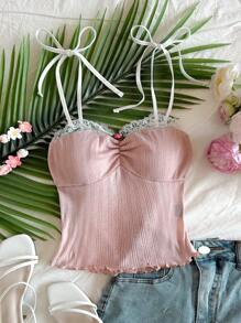 Soleia 针织蕾丝拼布紧身吊带背心 - 粉色 - 查看 3