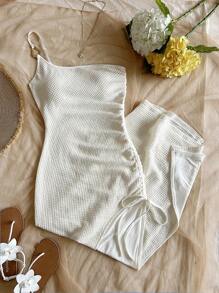 Soleia 女士度假针织华夫格纹理修身长裙，开衩，抽绳设计。适合派对、约会、性感、下午茶、海滩、夏季音乐节、婚礼季节 - 杏色 - 查看 6