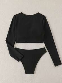 Swim SPRTY 2pcs Women Black & White Printed Design Round Neck Long Sleeve Swimwear Suit, Easy To Wear Sports Casual Surfing Outfit, Festival Boho, Summer Beach Vacation - Black and White - View 7