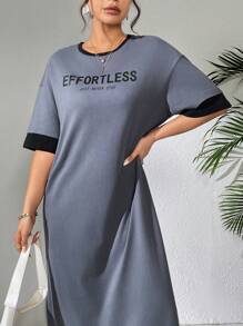 Seusyu 女士字母印花圆领落肩长款休闲 T 恤连衣裙，超长连衣裙，非常适合海滩/休闲/度假/家居服/运动/返校和日常休闲装
