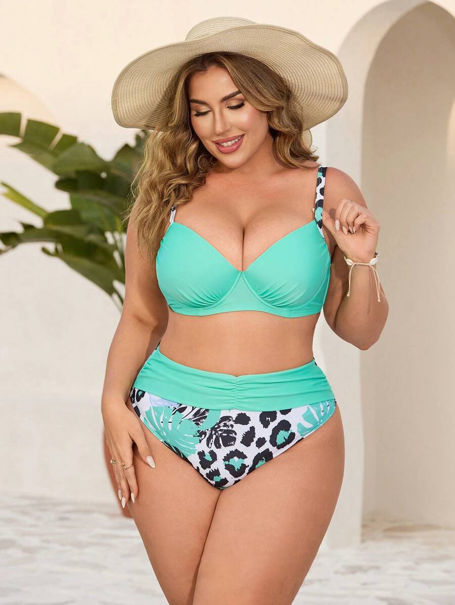 Swim Lushoire Plus Size Women Leopard Print Bikini Set, Casual Resort Wear, Summer Beach Vacation - Multicolor - View 1