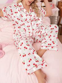 SweetSlumber Bow Cherry Satin Plus Size Pajama Set