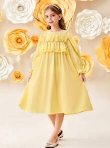 SHEIN Tween Girls Loose Elegant Double Ruffle Decor Round Neck 3/4 Sleeve Dress - Yellow - View 5