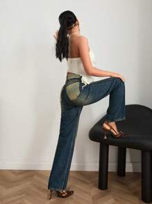 EURMUSE Vintage Washed High Waist Straight Leg Jeans - Medium Wash - View 5