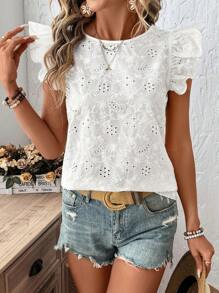 SHEIN LUNE Blusas bonitas para mujer, blusa blanca de verano con bordado de ojetes y mangas cortas con volantes, blusas de verano