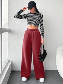 RueChic 女士纯色休闲红色运动裤，简约时尚，适合日常穿着 - 酒紅色 - 查看 5