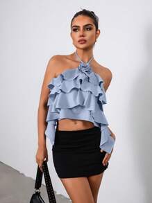 Chiquease Blusa Floral Multinível com Laço, Design de Bolo, para Mulheres - Azul - Visão 1