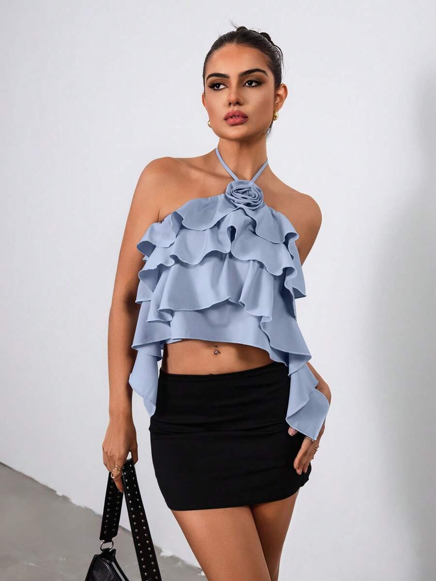 Chiquease Blusa Floral Multinível com Laço, Design de Bolo, para Mulheres - Azul - Visão 1