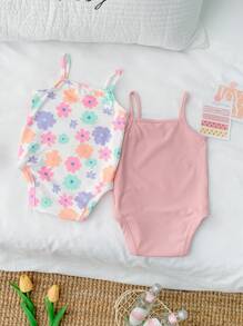 SHEIN Set de 2 piezas de ropa de primavera/verano para bebé niña con body de punto con patrón floral lindo