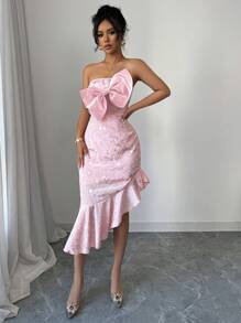 Elenzga Front 3D Bow Decor Asymmetric Ruffle Trim Waist Cinched Dress - Pink - View 5