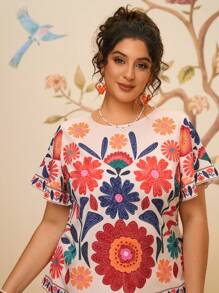 Travachic 大码度假休闲热带印花短袖宽松女士上衣衬衫 - 彩色 - 查看 6