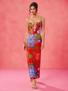 Eva Novielli Designer Multicolor Floral Printed Mesh Spaghetti Straps Deep V Bodycon Maxi Dress, Spring And Summer Sundress, Concert Outfit, Spring Break, Rave, Prom Dress, Brunch Outfits, Tea Party Dress - Multicolor - View 5