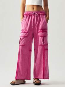 Bohemela Plus Size Solid Color Knitted Loose Cargo Pants,Vintage - Hot Pink - View 7