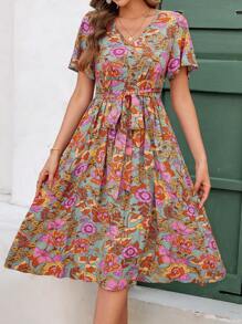 Ellevyn Vacation Outfits Woman,Boho Dress,Summer Elegant Women's Flower Print V-Neck Waist Cinched A-Line Short Sleeved Dress, Suitable For Various Occasions, Summer Vacation, Elegant Travel, Daily Commuting Can All Be Worn - Multicolor - View 3