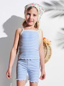 SHEIN Leap Crew Jeunes filles Hauts de débardeur côtelés bleus en tissu côtelé et shorts skinny à taille élastique, ensemble décontracté et confortable - Bleu azur - Voir 1