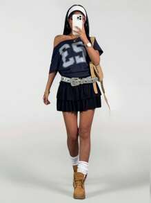 SHEIN 少女春夏分层高腰蛋糕裙，内置衬里，防止透视，裙子设计 - 黑色 - 查看 5