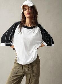 Bohemela 休闲撞色圆领插肩袖宽松大码 T 恤 - 黑與白 - 查看 5
