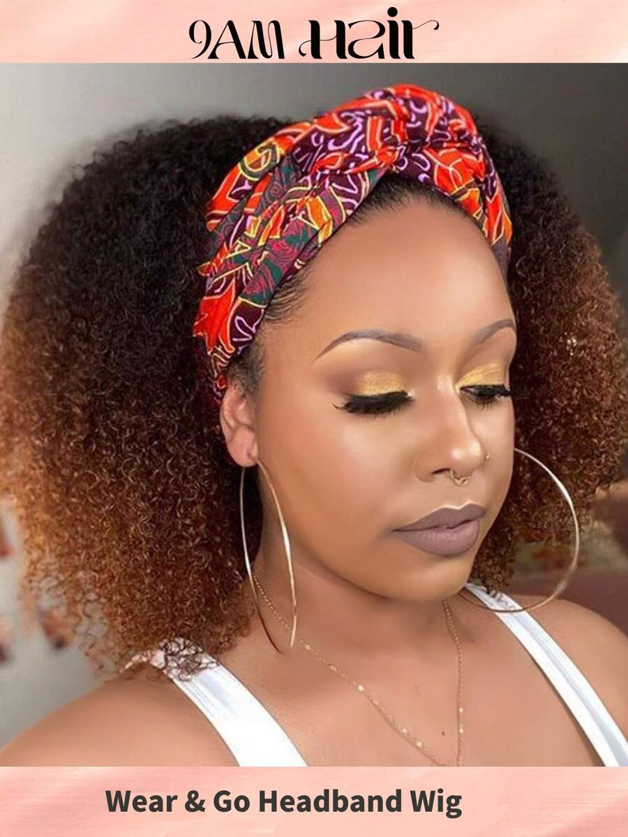 Peluca con diadema de cabello humano rizado afro rizado de 1B/30 ombre, sin encaje, sin pegamento, densidad del 150% para principiantes, de 12 a 18 pulgadas, fácil de usar, color ombre 1B/30 con diadema incorporada, sin encaje frontal, fabricada a máquina, mejor opción para principiantes, pelucas asequibles para uso diario - S1/30 - Ver 1