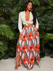 SHEIN SXY Plus Size Women Plus High Waisted Asymmetrical Hem Color Block Print Pleated Skirt, Suitable For Daily Wear, Beach Vacation, Date Night, Birthday, Bachelorette Party, Cute, Casual, Shopping, Streetwear, Going Out, Easy To Match & Looks Slim, Accent Your Body